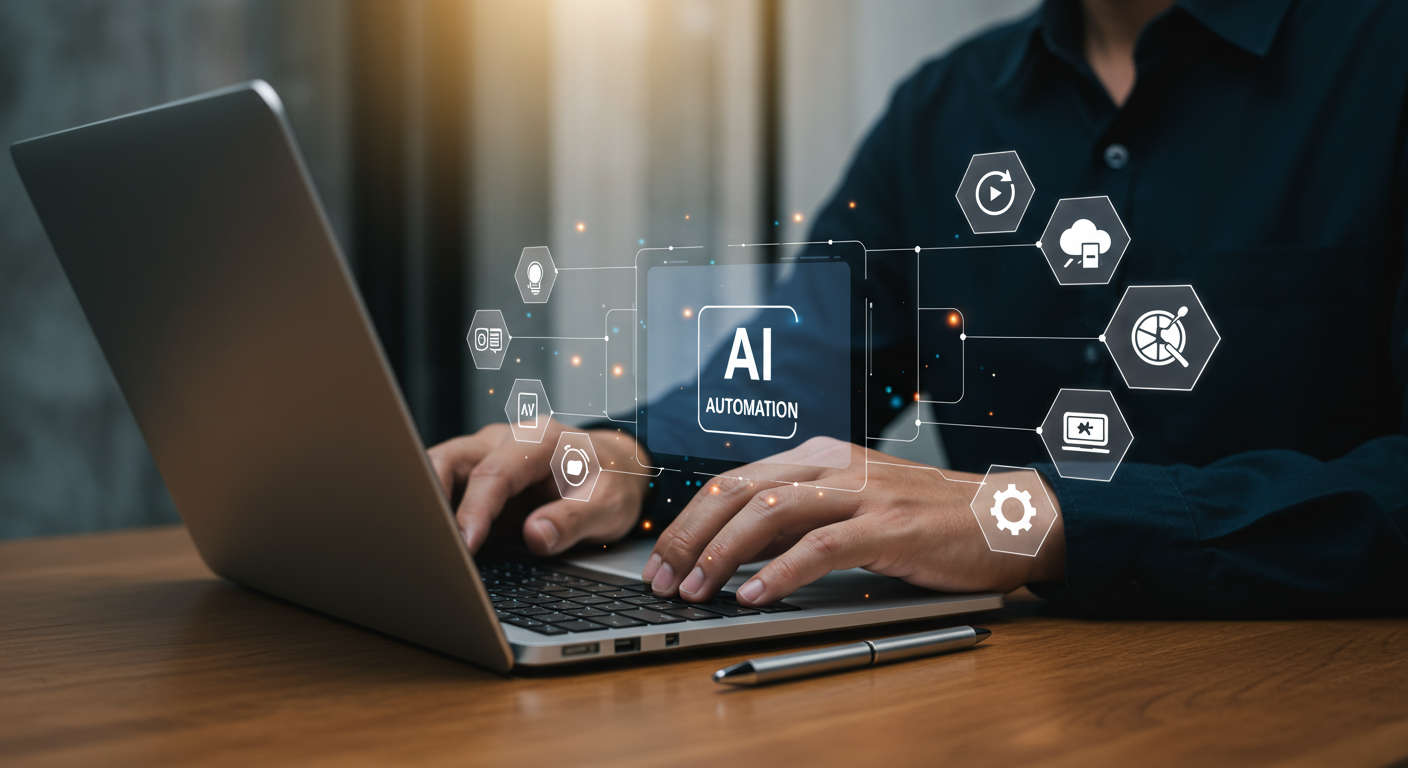 A small business owner using a laptop with AI automation software on screen, surrounded by icons representing WordPress and Shopify plugins, showing efficiency and marketing automation