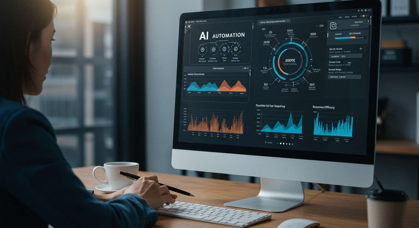 An AI automation dashboard interface displaying real-time task tracking, workflow efficiency, and revenue impact visualisation on a computer screen, with a focus on small business applications
