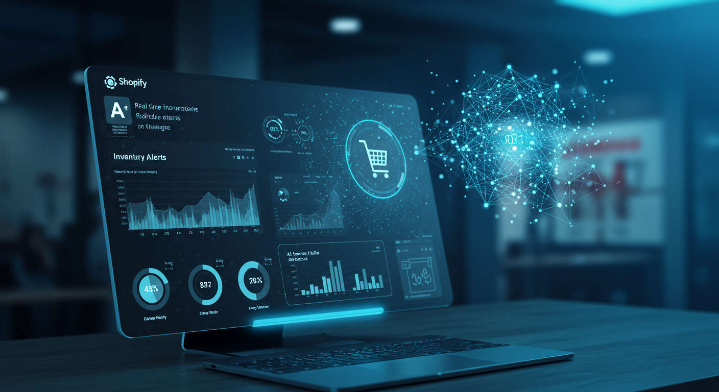 AI agent monitoring inventory levels and sending reorder alerts on a digital dashboard, with Shopify store interface in the background, futuristic technology theme