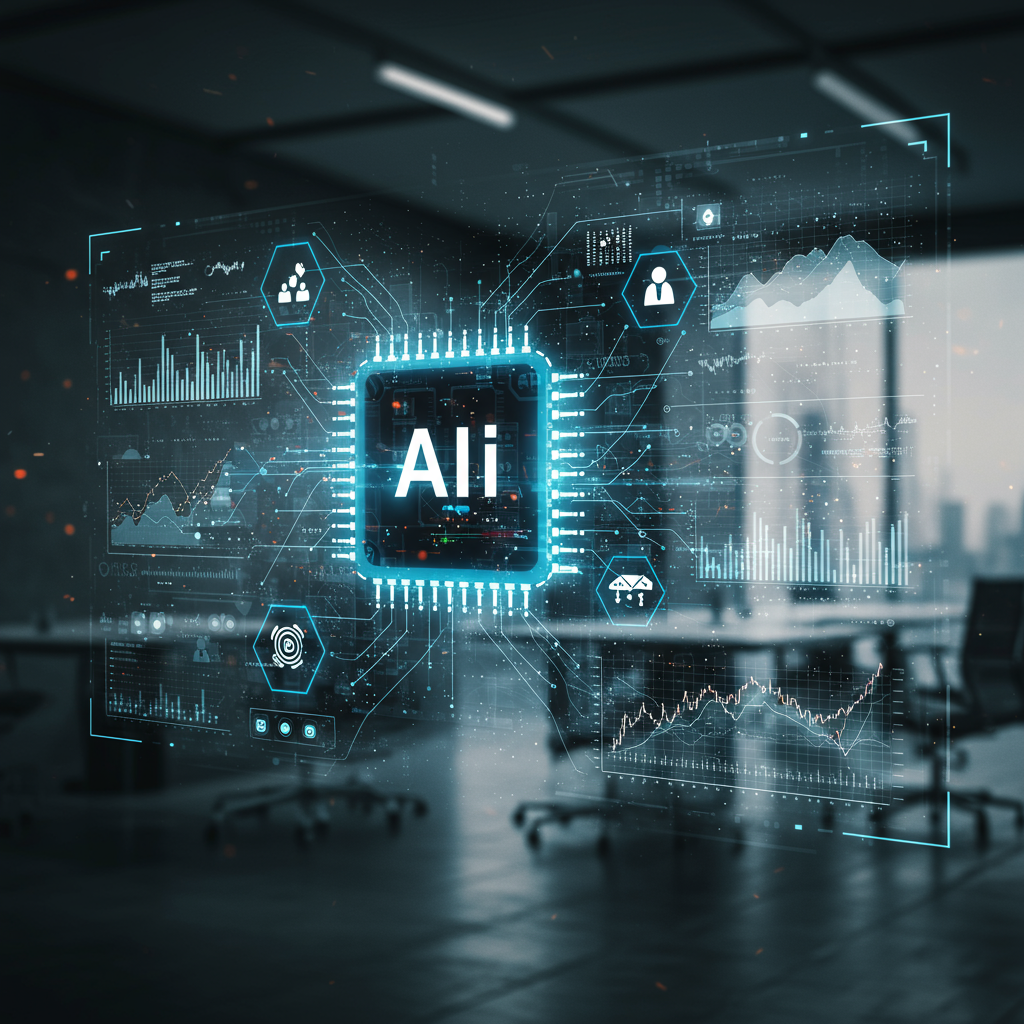 A futuristic AI system autonomously making decisions in a corporate environment, symbolising agentic AI with compliance and governance elements, digital interface with data streams and regulatory icons