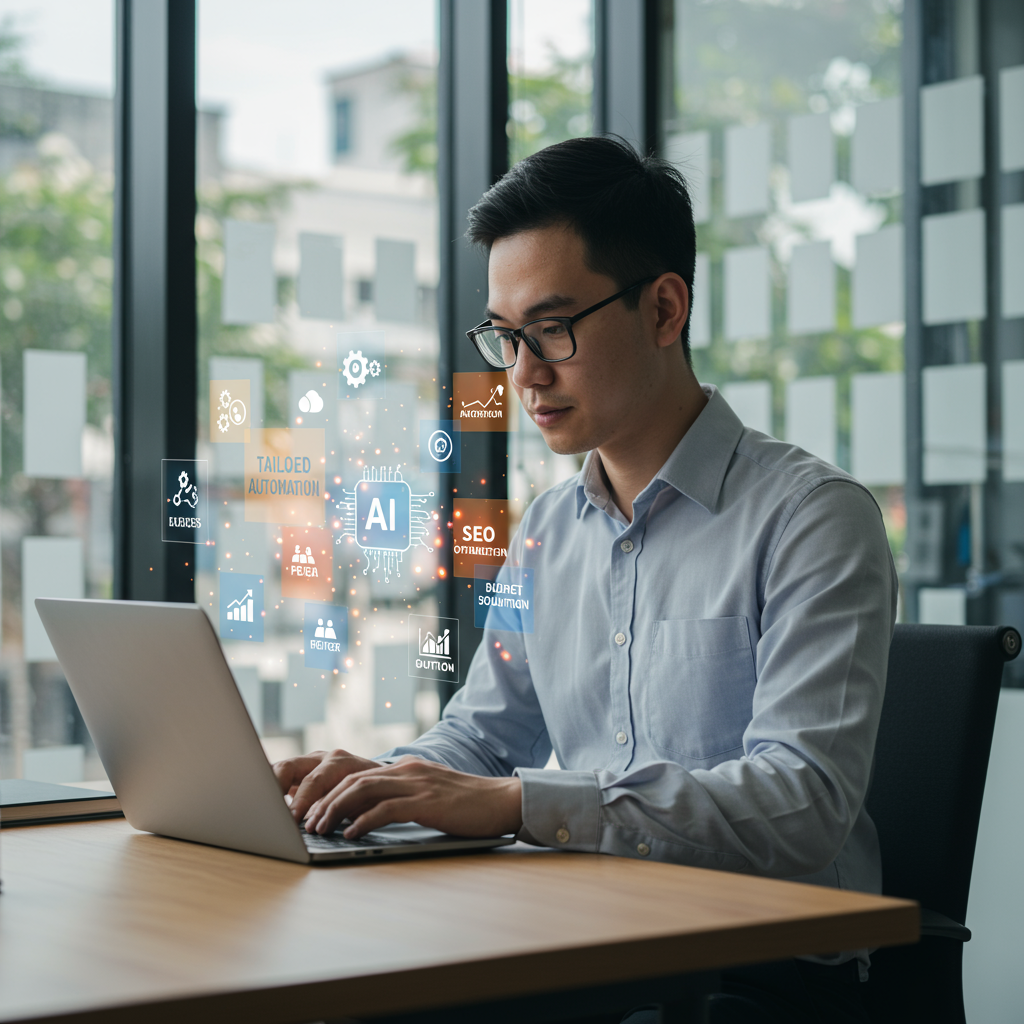 A small business owner using AI content creation software on a laptop, surrounded by icons representing tailored automation, SEO optimisation, and budget-friendly solutions, in a modern office setting