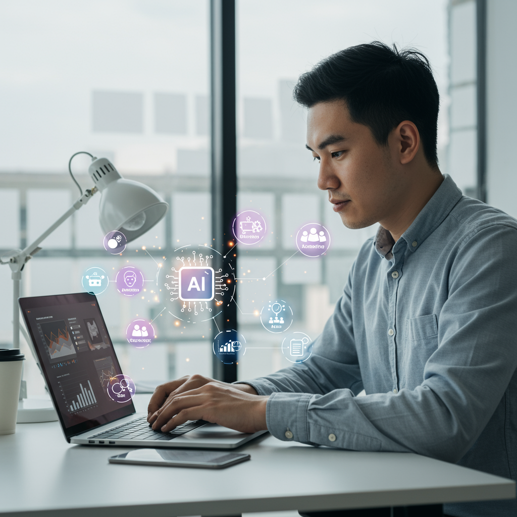 A small business owner using AI-powered CRM software on a laptop, surrounded by icons representing virtual assistants, predictive analytics, and workflow automation bots, in a modern office setting