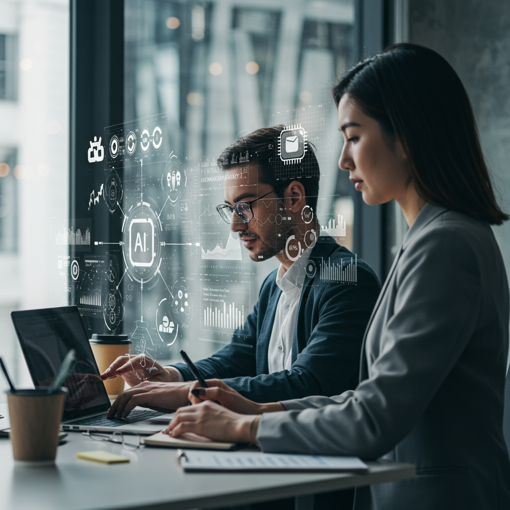 A modern office environment showing a small business team working with AI technology on compliance and risk management, featuring digital interfaces with abstract data and AI elements, symbolising automation and regulatory adherence in SMEs, diverse professionals collaborating, futuristic and professional atmosphere