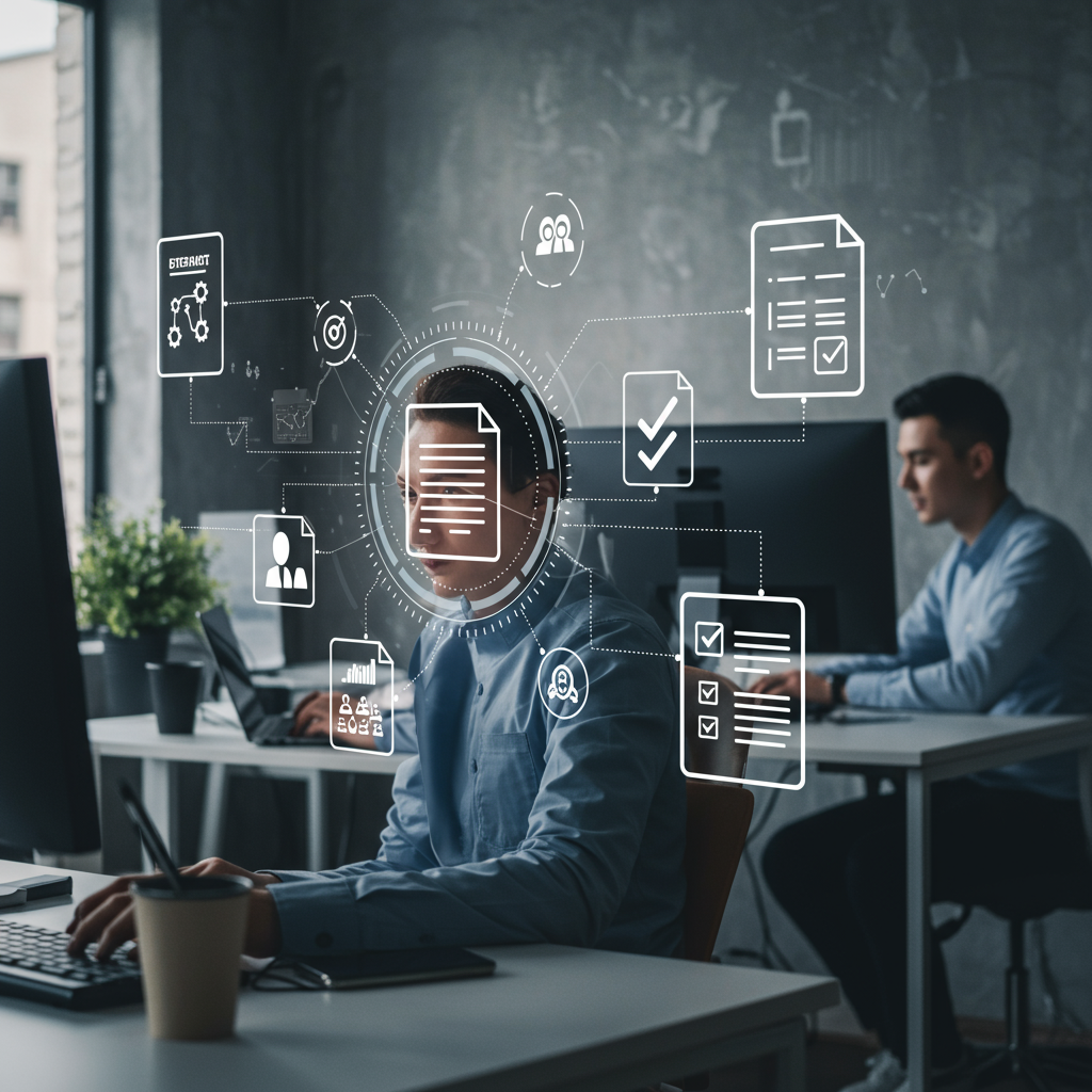 Small business office environment with employees working on computers, surrounded by digital icons representing audit trails and compliance challenges