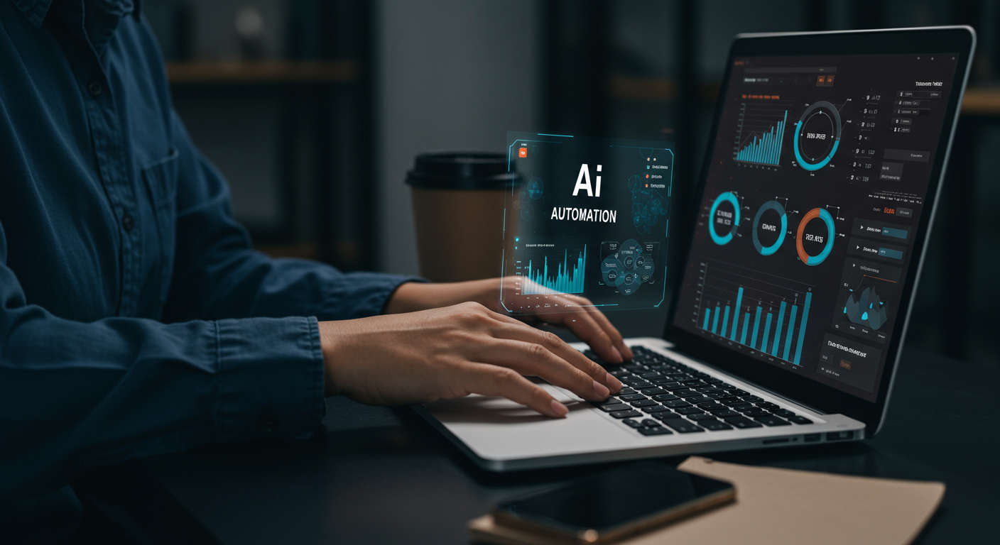 A small business owner using an AI automation dashboard on a laptop, showing graphs and metrics for time savings, cost reduction, and revenue growth, modern office setting