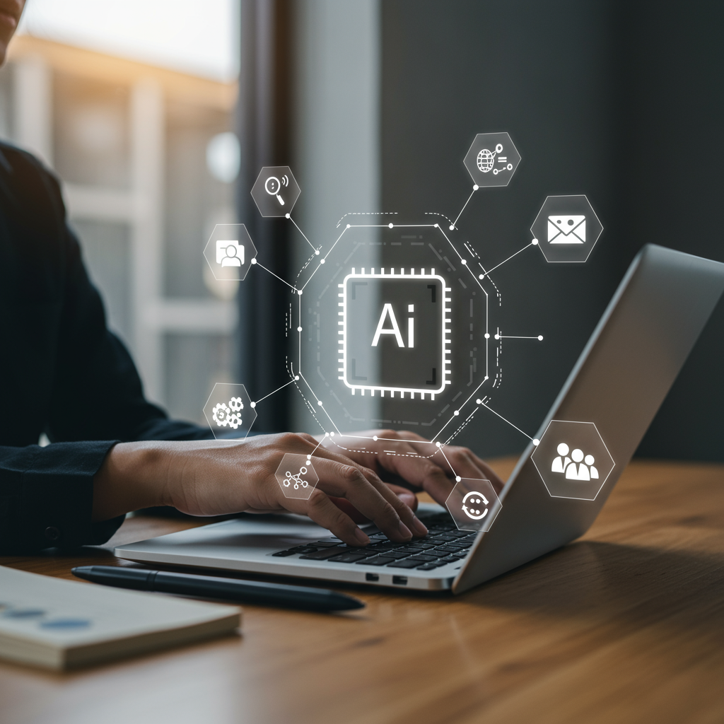 A small business owner using AI workflow automation tools on a laptop, surrounded by icons representing marketing tasks like email campaigns, customer segmentation, and social media, in a modern office setting
