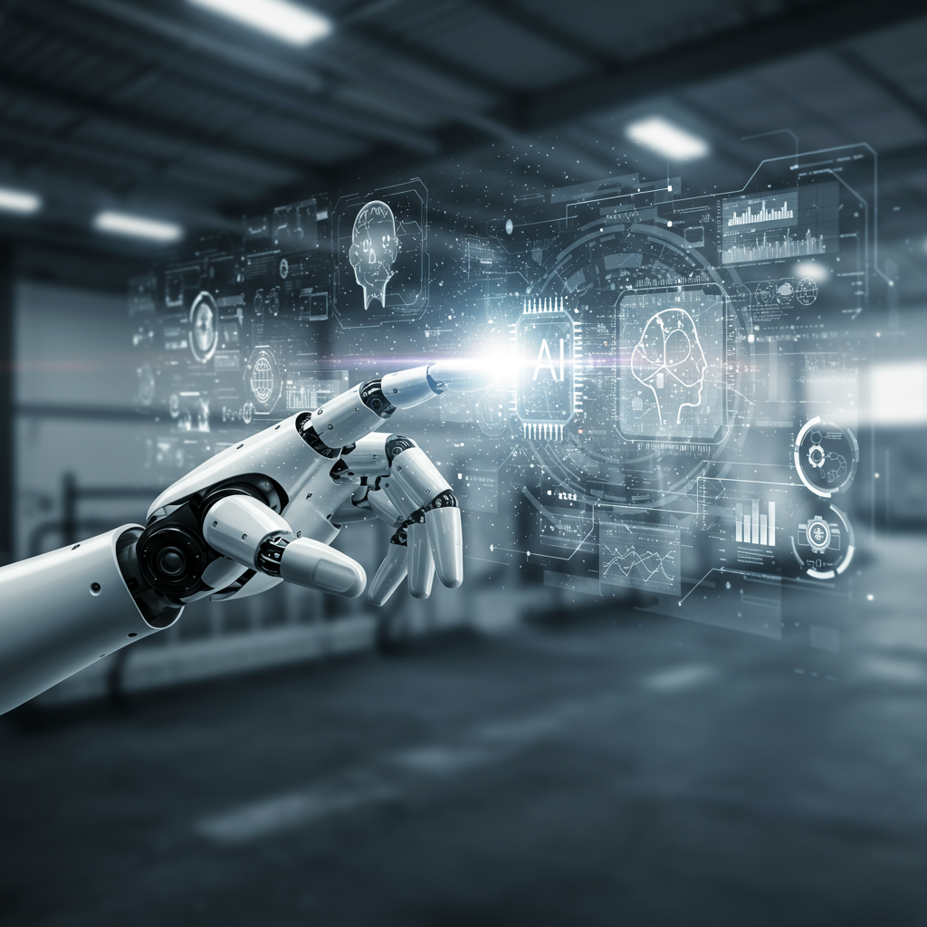 Futuristic robotic arm interacting with a digital AI interface with glowing data streams and holographic elements symbolising intelligent AI agents in robotics.