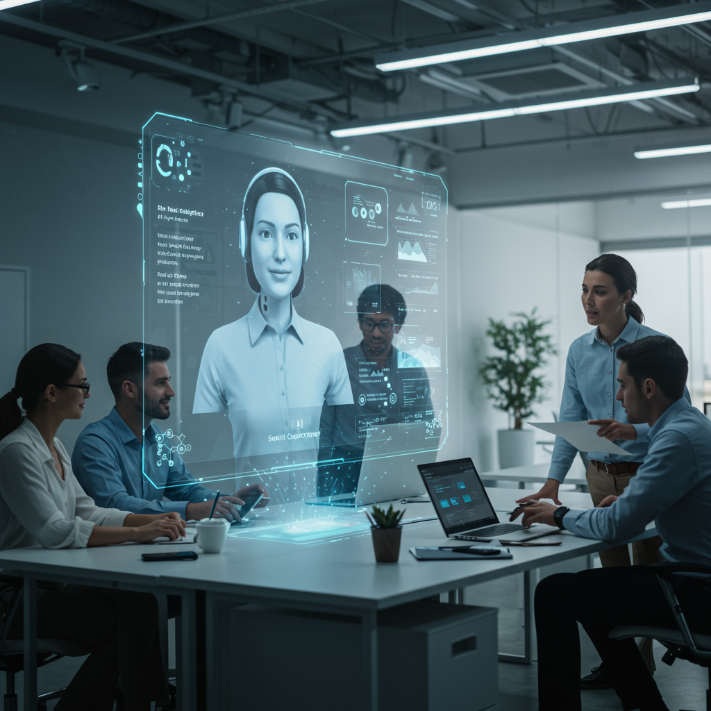 An AI virtual employee assisting a sales team in a modern office, showing no-code AI automation for sales teams, lead qualification, customer engagement, and personalised campaigns