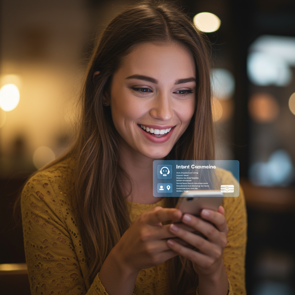 A happy customer receiving instant booking confirmation on their smartphone with AI-powered scheduling automation, highlighting personalised reminders and seamless communication