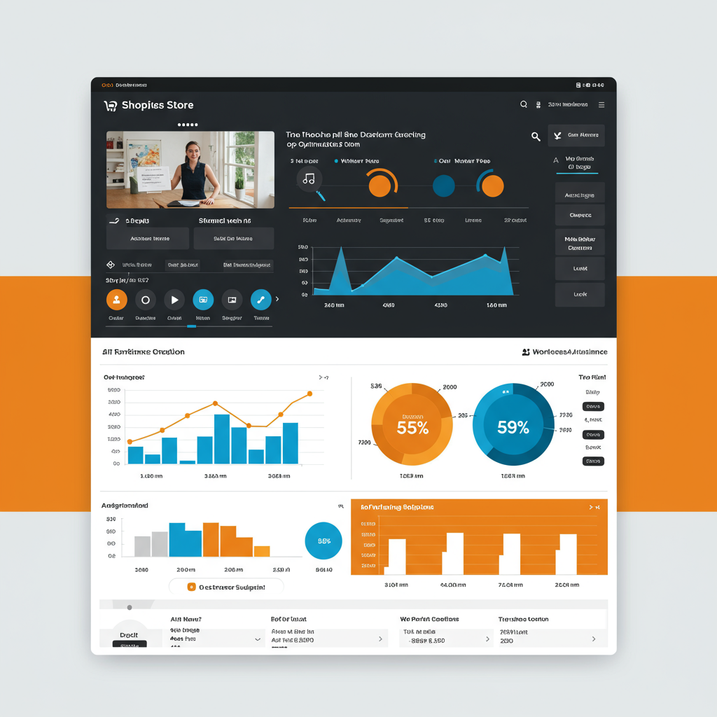 An e-commerce store dashboard showing real-time data, inventory management, and AI-driven SEO content creation, with a Shopify and WordPress integration theme, vibrant and dynamic style