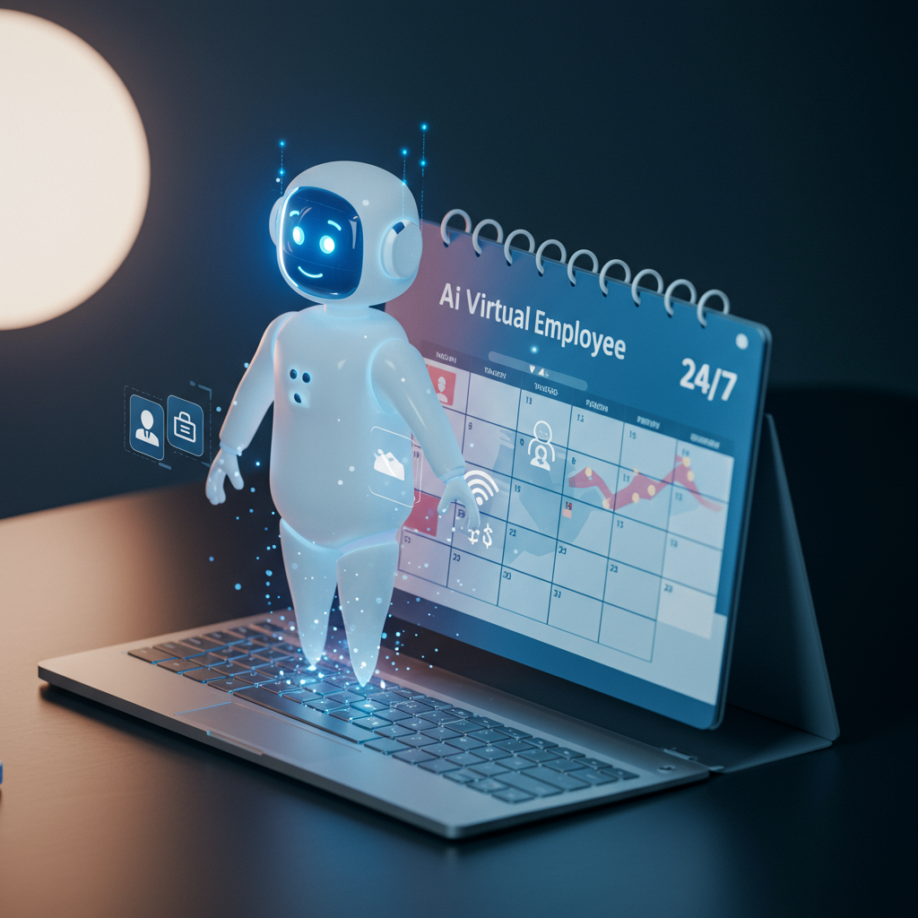 An AI virtual employee scheduling appointments automatically on a digital calendar, showing seamless integration and 24/7 availability for SMEs