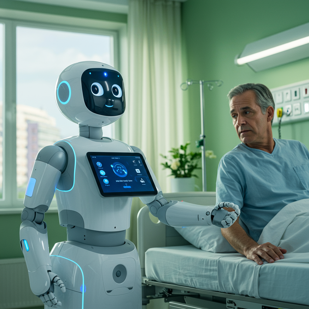A healthcare robot interacting with a patient in a hospital setting, demonstrating AI-driven personalised user interaction and robotic assistance in healthcare.