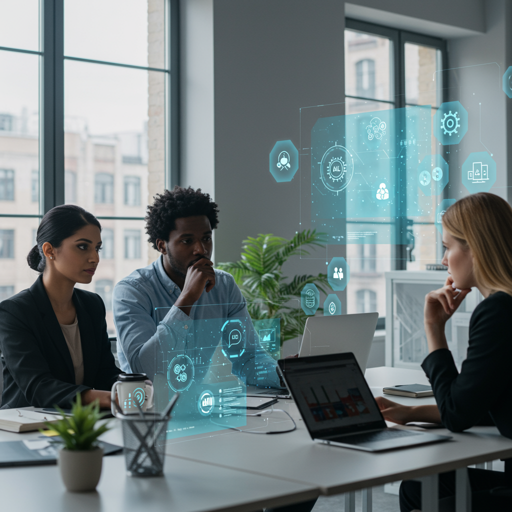 Business professionals analysing AI service pricing models with icons representing tokens and subscription plans in a modern office