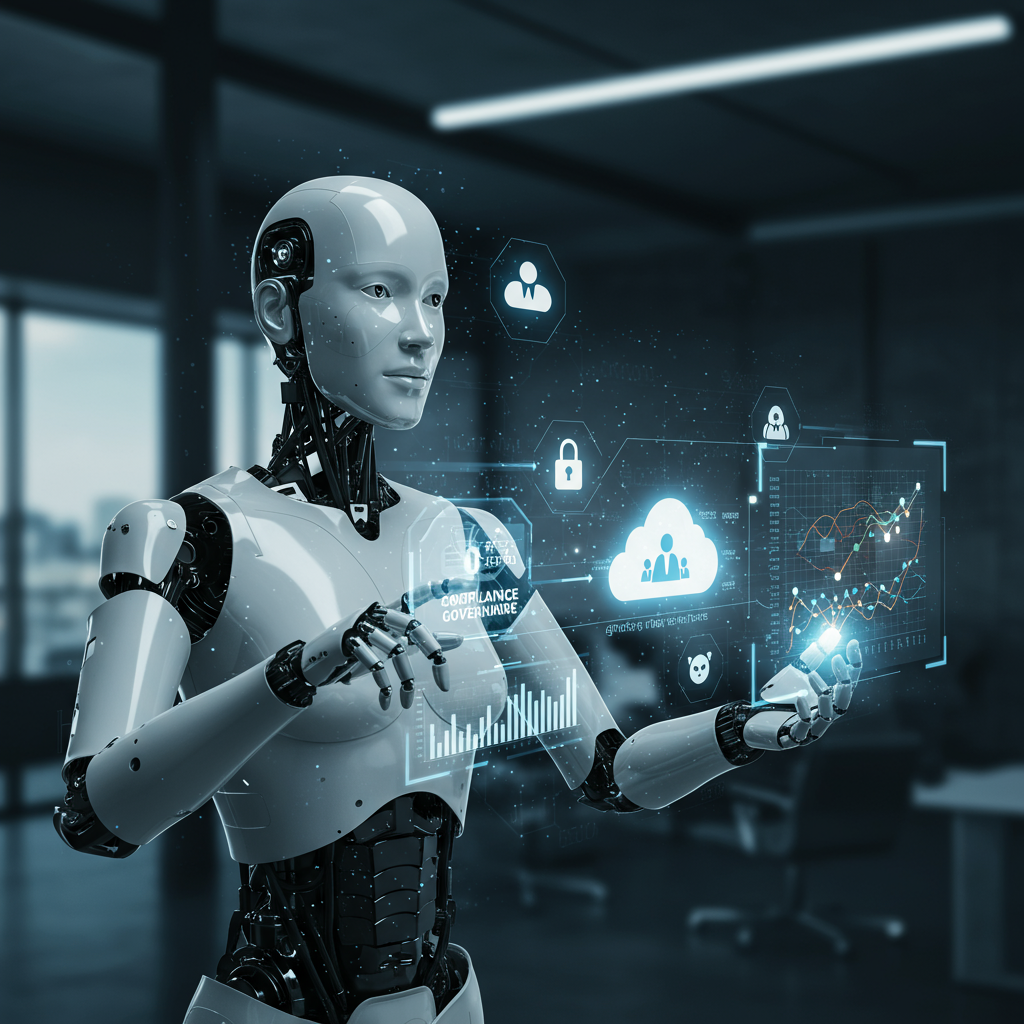 An AI virtual employee monitoring compliance governance, generating reports, and maintaining audit trails in a corporate setting, emphasising transparency and automation