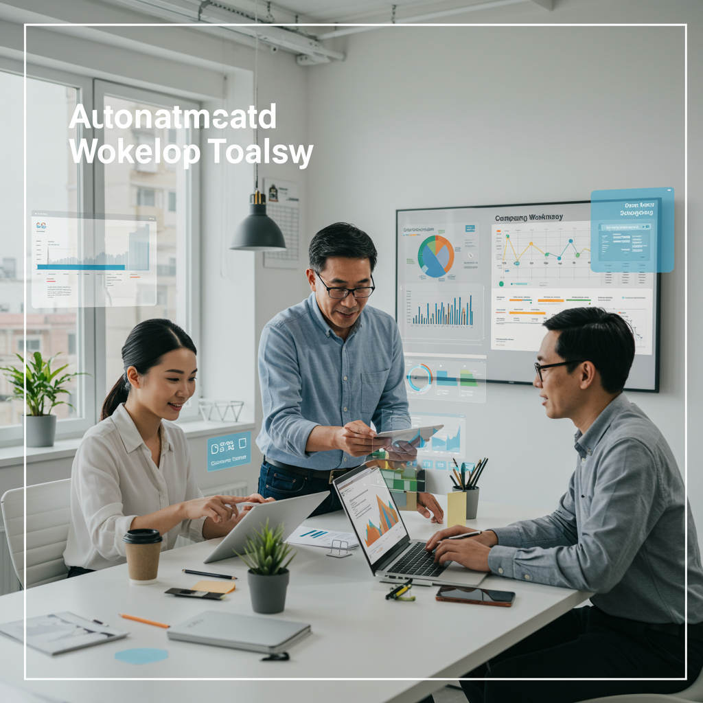 A small business marketing team using automated workflow tools on multiple devices, with charts and calendars displayed, in a modern office environment