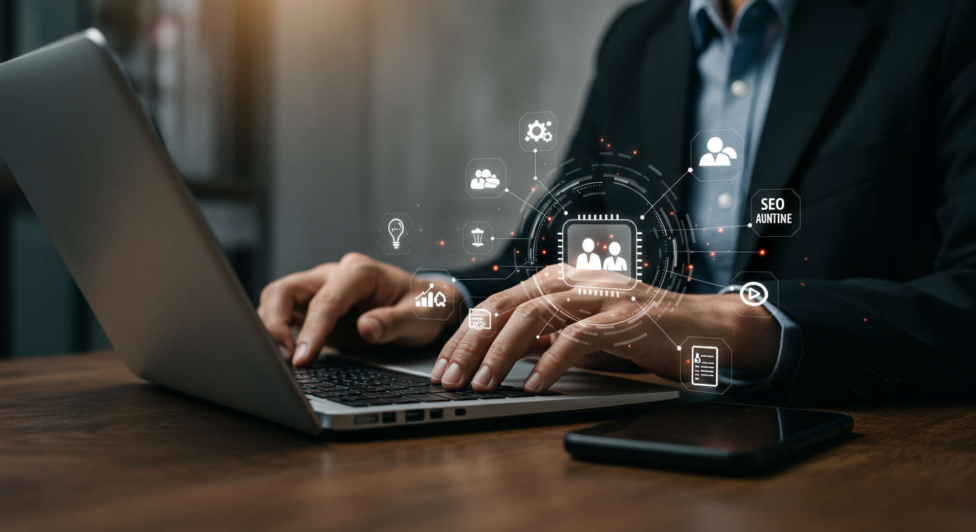 Small business owner using AI virtual employee on laptop, surrounded by icons representing SEO content automation, lead generation, and digital marketing, vibrant and modern style