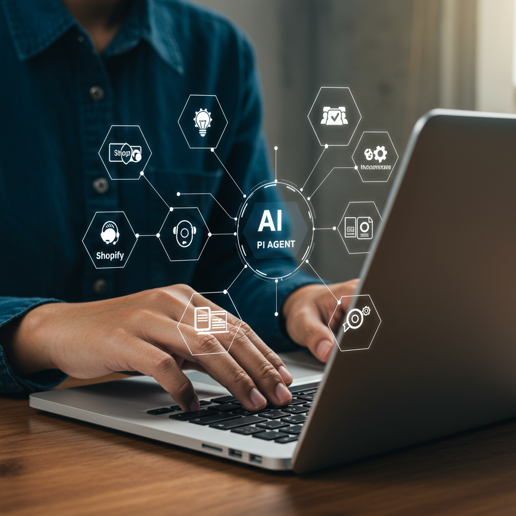 A small business owner setting up an AI agent platform on a laptop, with icons representing Shopify and WooCommerce integration, no-code tools, and AI functions like customer support and product recommendations