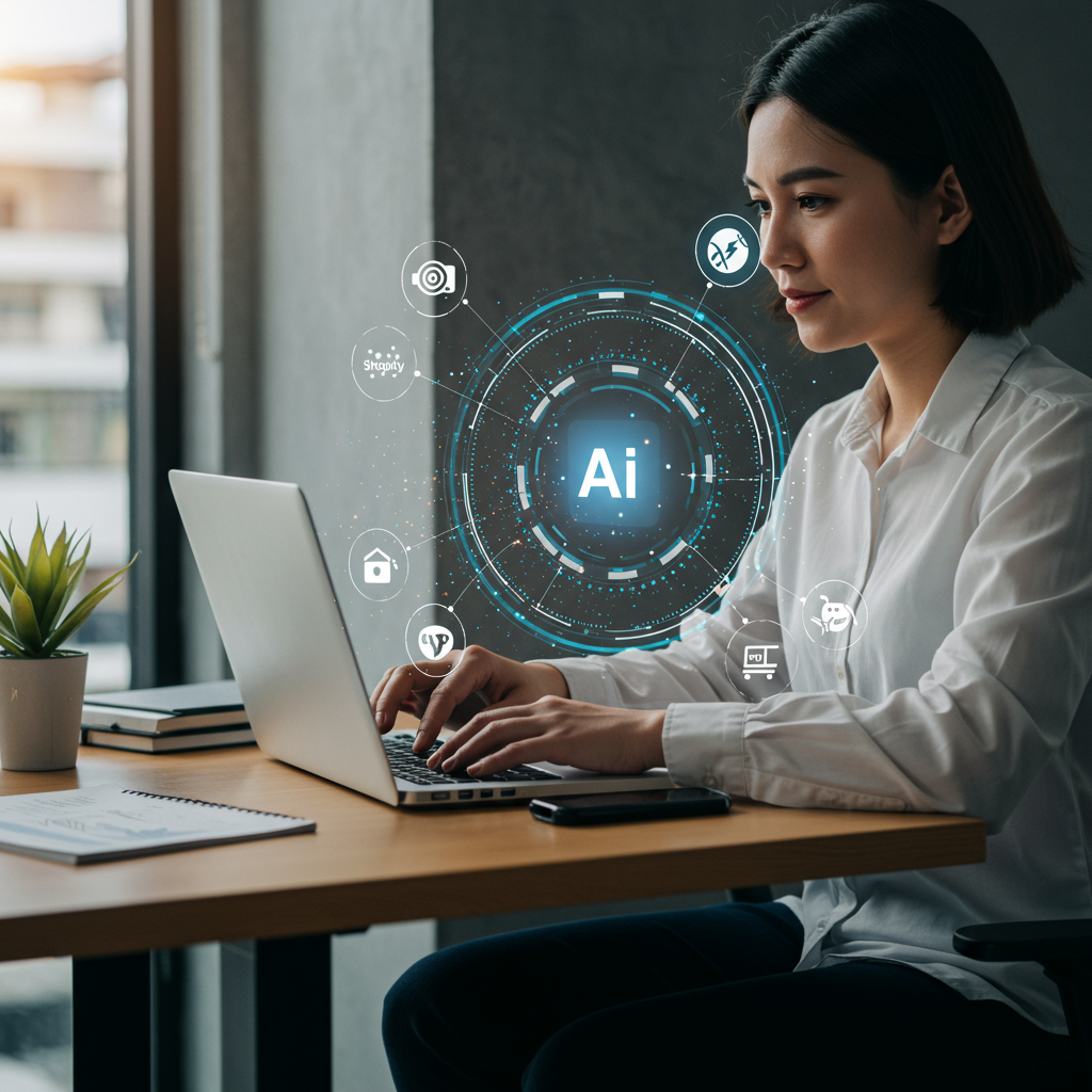 Small business owner using AI virtual employee on laptop with icons of compliance, automation, Shopify and WordPress integration in a modern office setting