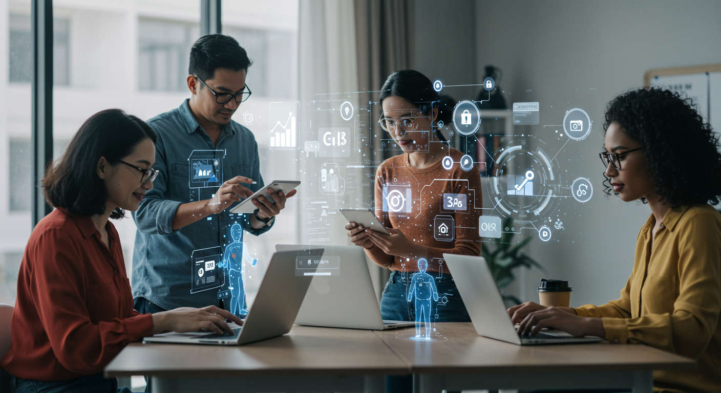 Diverse small business owners and startup entrepreneurs working with AI virtual employees on laptops, showcasing automation and growth with WordPress and Shopify integration in a modern office environment