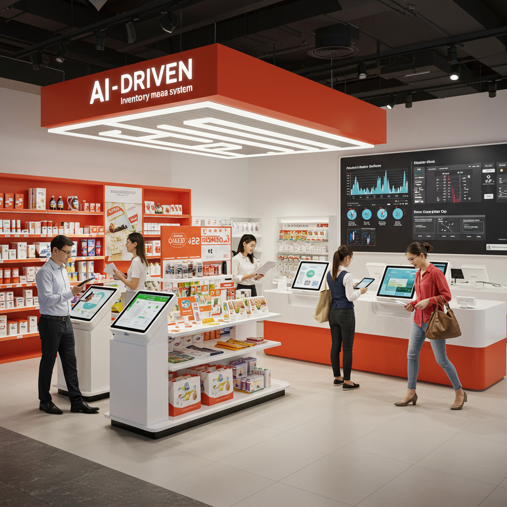 A retail store with AI-driven inventory management system, showing increased sales and efficient customer service with happy staff and customers