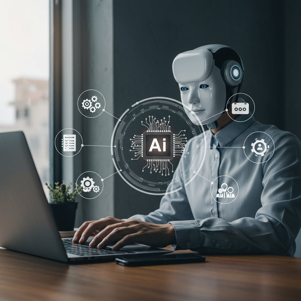 A friendly AI virtual employee working on a laptop, surrounded by icons representing content creation, customer support, and marketing automation, symbolising AI for small and medium-sized enterprises (SMEs) in a modern office setting
