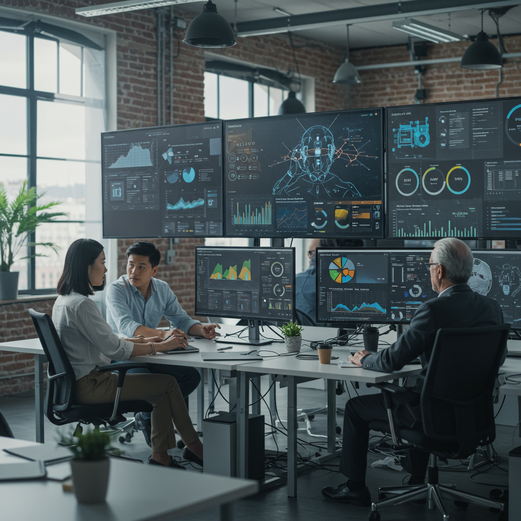 A professional team of content creators using AI tools on multiple screens, showing real-time data and citations, in a modern office environment