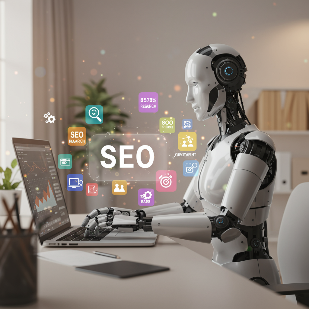 AI virtual employee working on SEO tasks on a computer, surrounded by icons representing keyword research, content creation, SEO audits, and publishing, in a modern office setting