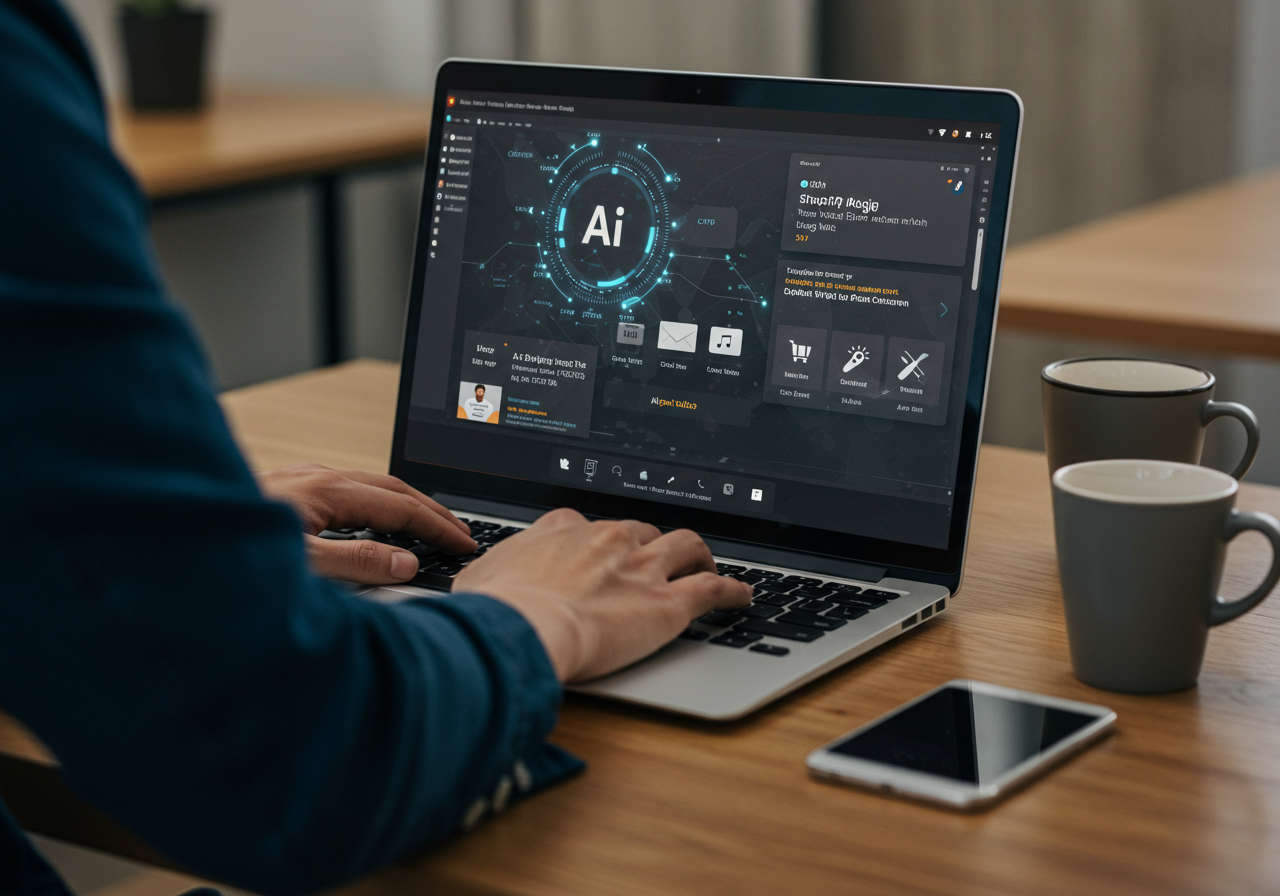 A small business owner using Shopify Magic plugin on a laptop, showcasing AI-driven content generation and email optimisation with a futuristic AI assistant interface.