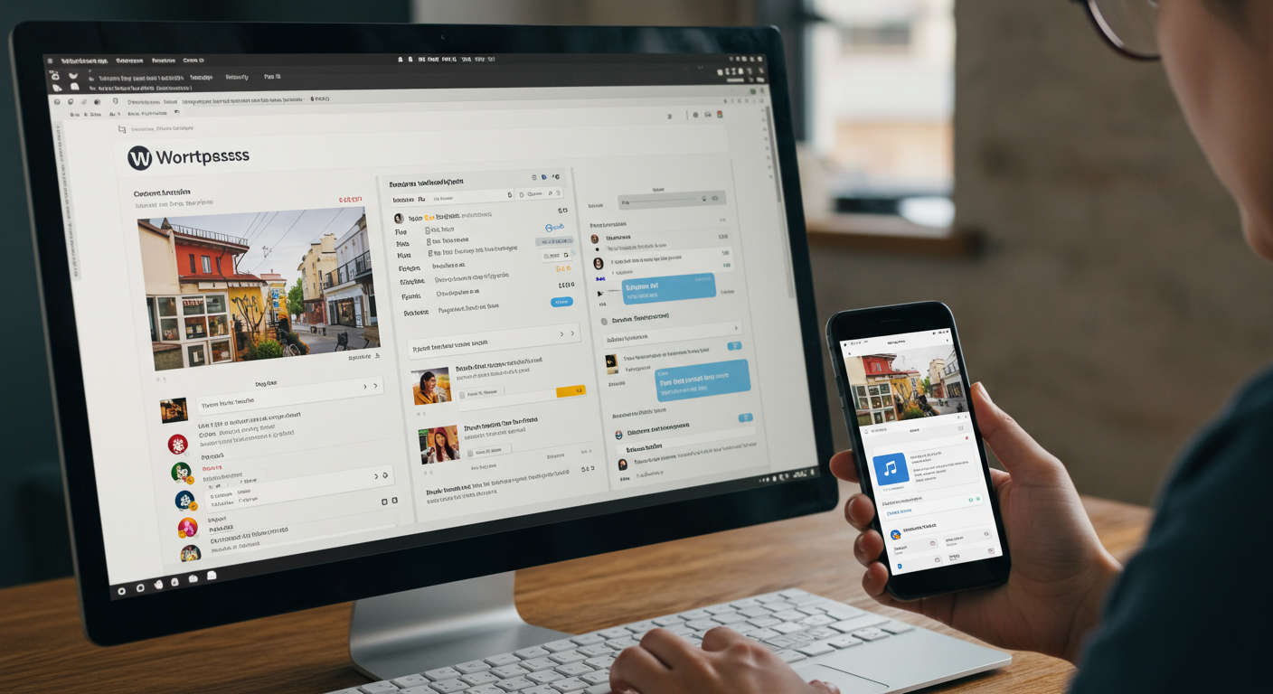 WordPress and Shopify plugin interface on a computer screen, showing easy no-code setup, with a small business owner managing content automation via Telegram chat on a smartphone