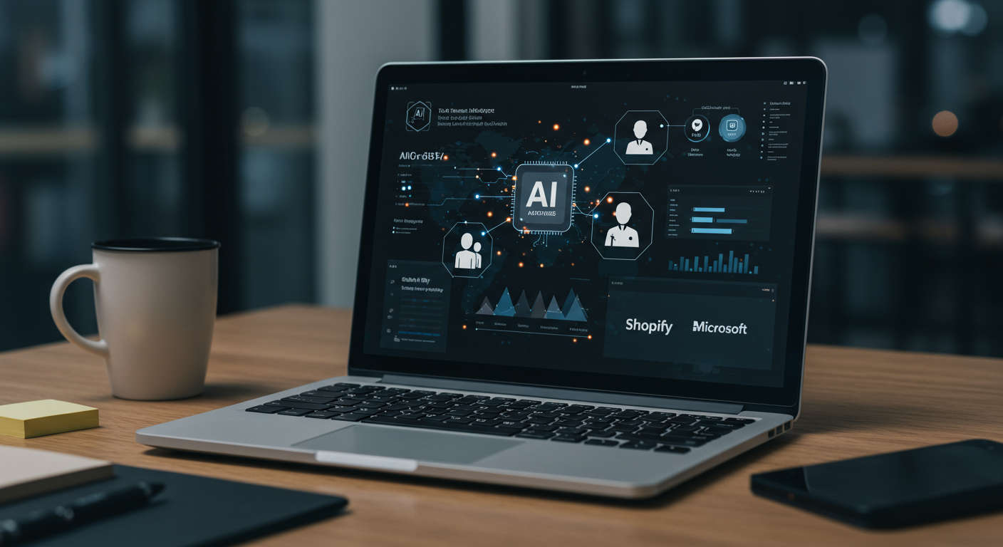 Modern digital workspace with AI technology integration for small businesses, showing AI automation dashboards and virtual AI agents icons alongside Shopify and Microsoft logos