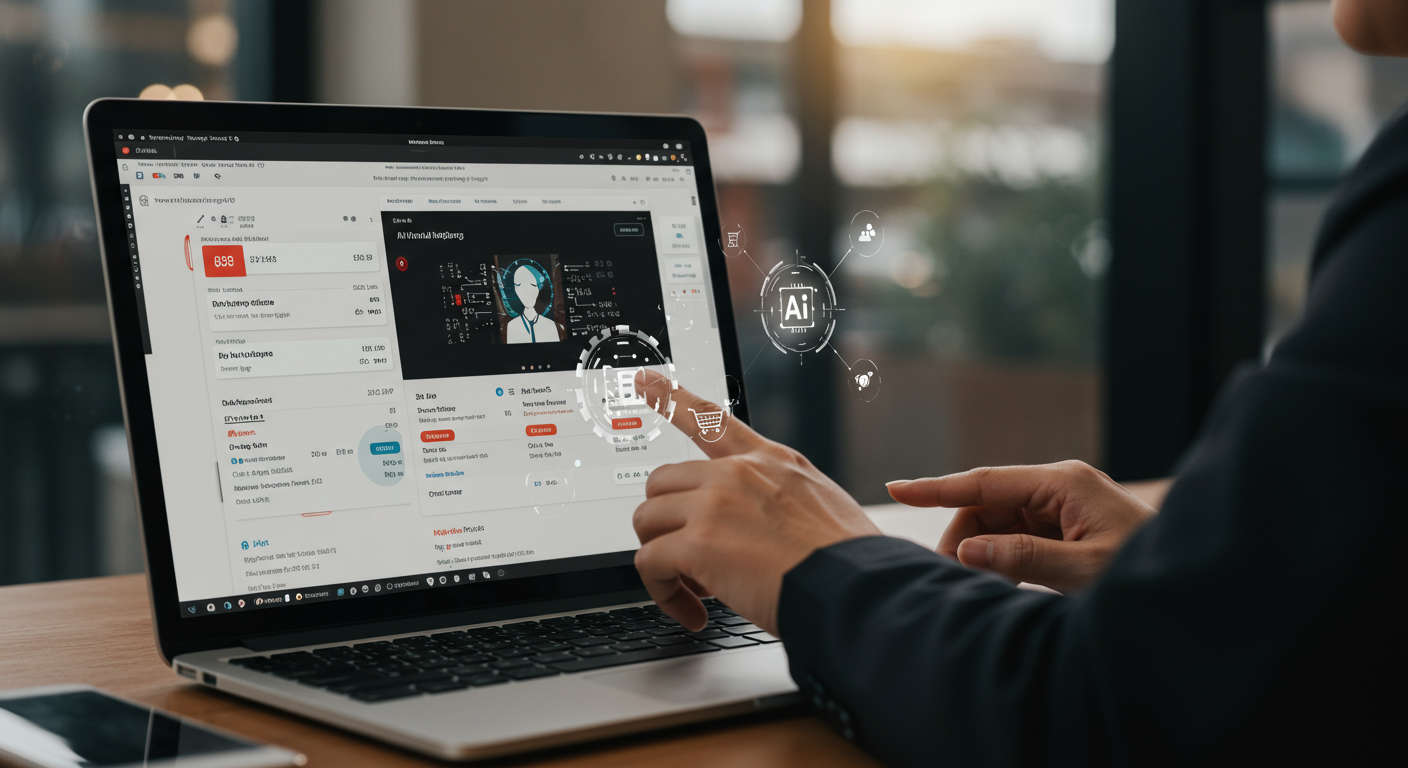 A small business owner setting up an AI virtual employee plugin on Shopify admin dashboard, showing a modern e-commerce interface with product listings and AI automation icons, bright and professional style