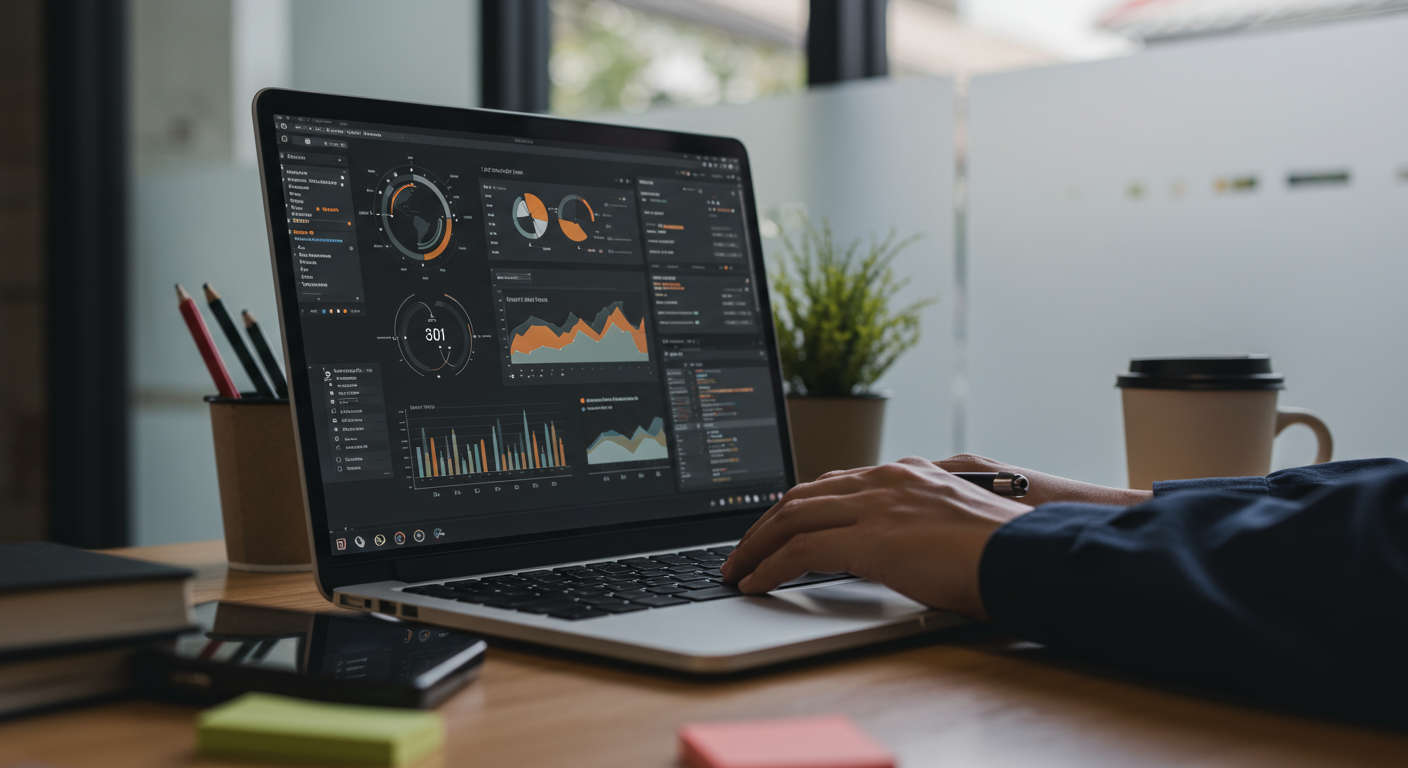 A small business owner using AI-powered software on a laptop to monitor competitors and analyse keyword data in a modern office environment.