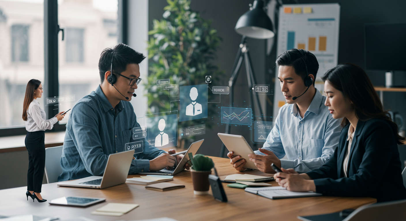 Diverse small business owners and startup employees engaging with AI virtual employees on digital devices, representing AI customer support automation in a modern business environment