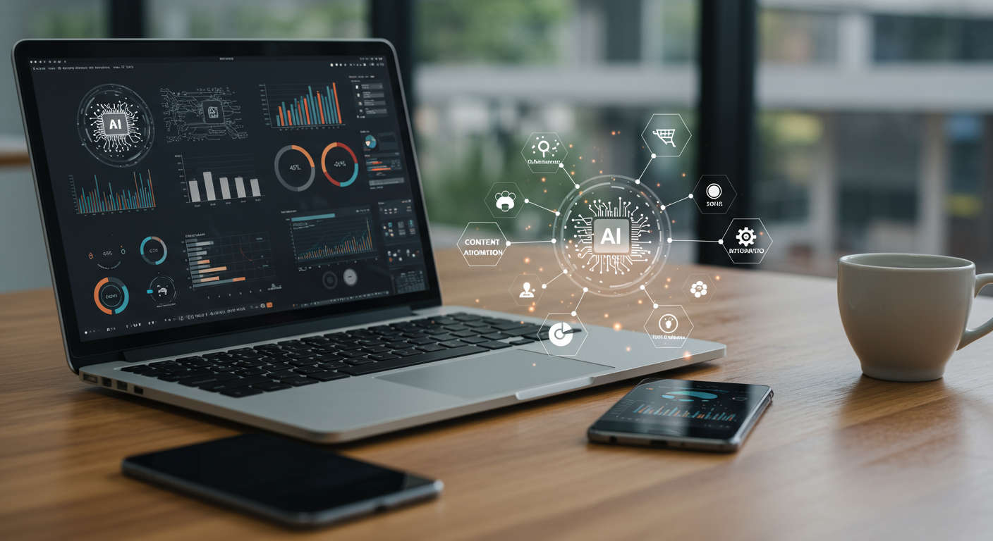 Modern digital workspace with laptop and smartphone displaying AI dashboards and analytics, symbolising AI-powered automation and growth for small businesses and startups