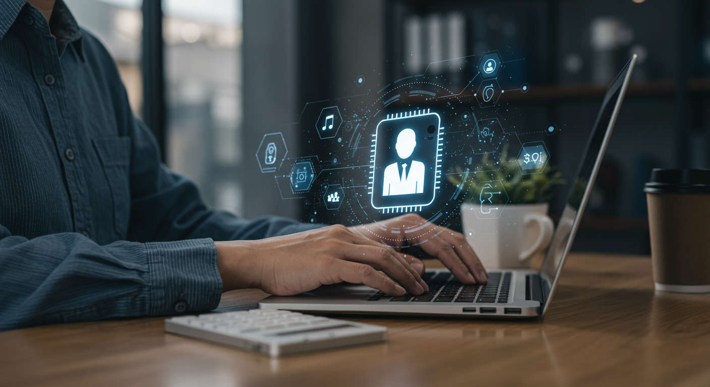 A small business owner working on a laptop with an AI virtual employee interface on screen, symbolising AI automation for SMBs and startups, modern office setting
