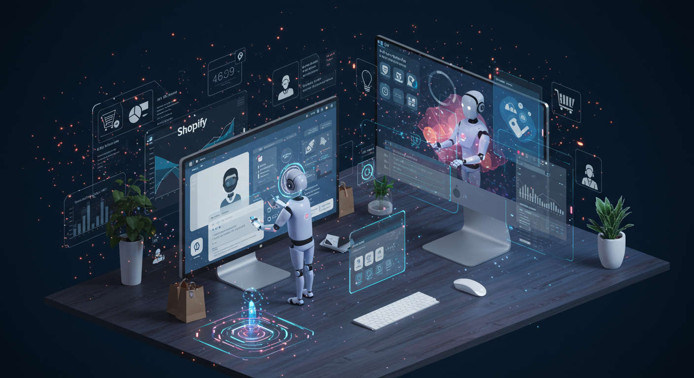 Shopify and WordPress business automation with AI virtual employee managing product descriptions, inventory updates, and customer support, vibrant and dynamic business setting