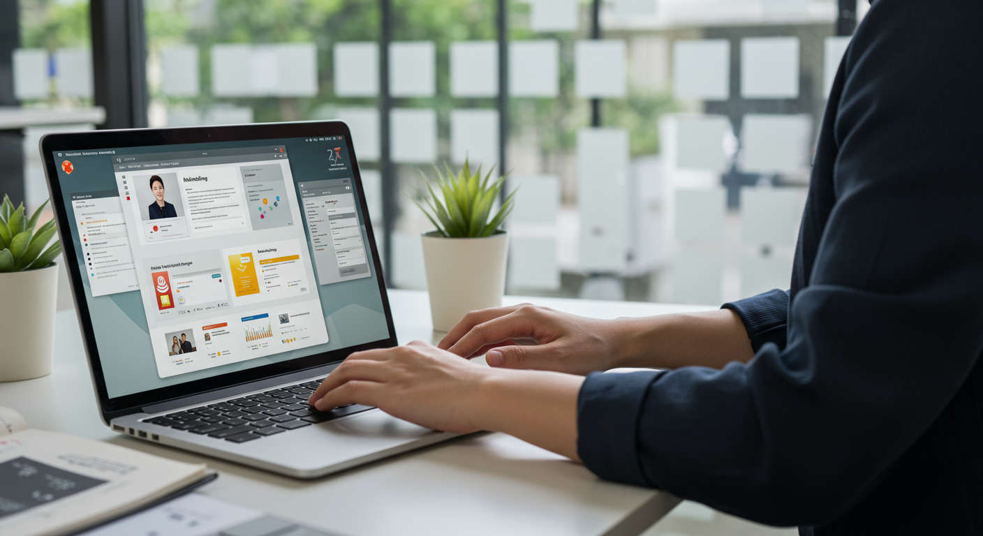 Small business owner using AI email marketing automation on laptop, showing personalised email content and campaign analytics on screen, modern office background