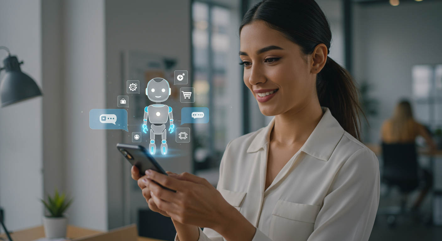Small business owner interacting with AI chatbot on a smartphone, with ecommerce and local service icons, showing lead generation automation
