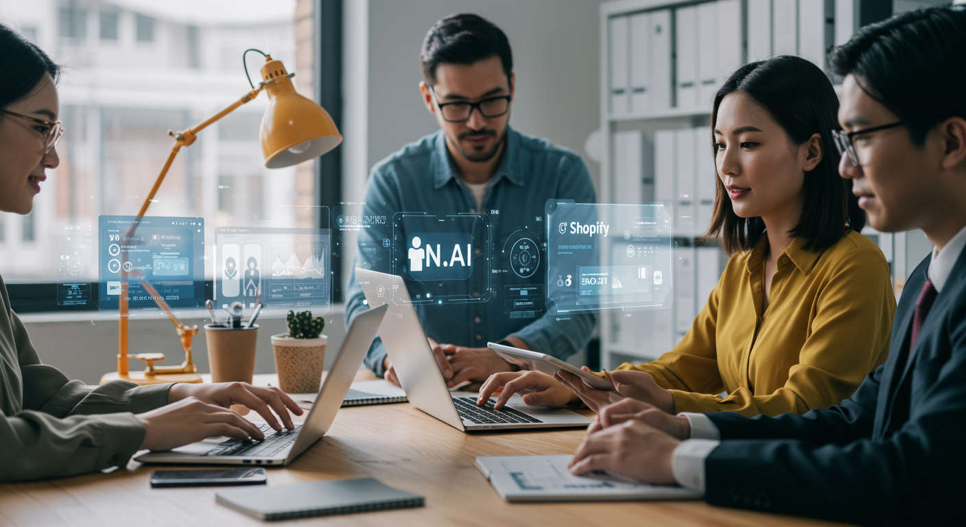 A modern office workspace with diverse small business owners using AI technology on laptops and tablets, showcasing automation and digital tools integration for SMBs.