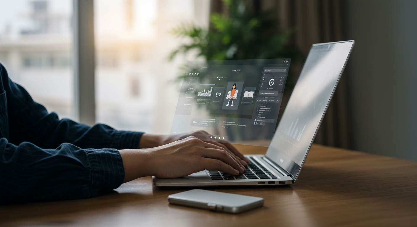 A small business owner using a laptop with AI virtual employee software generating Shopify product descriptions automatically in a modern home office setting.