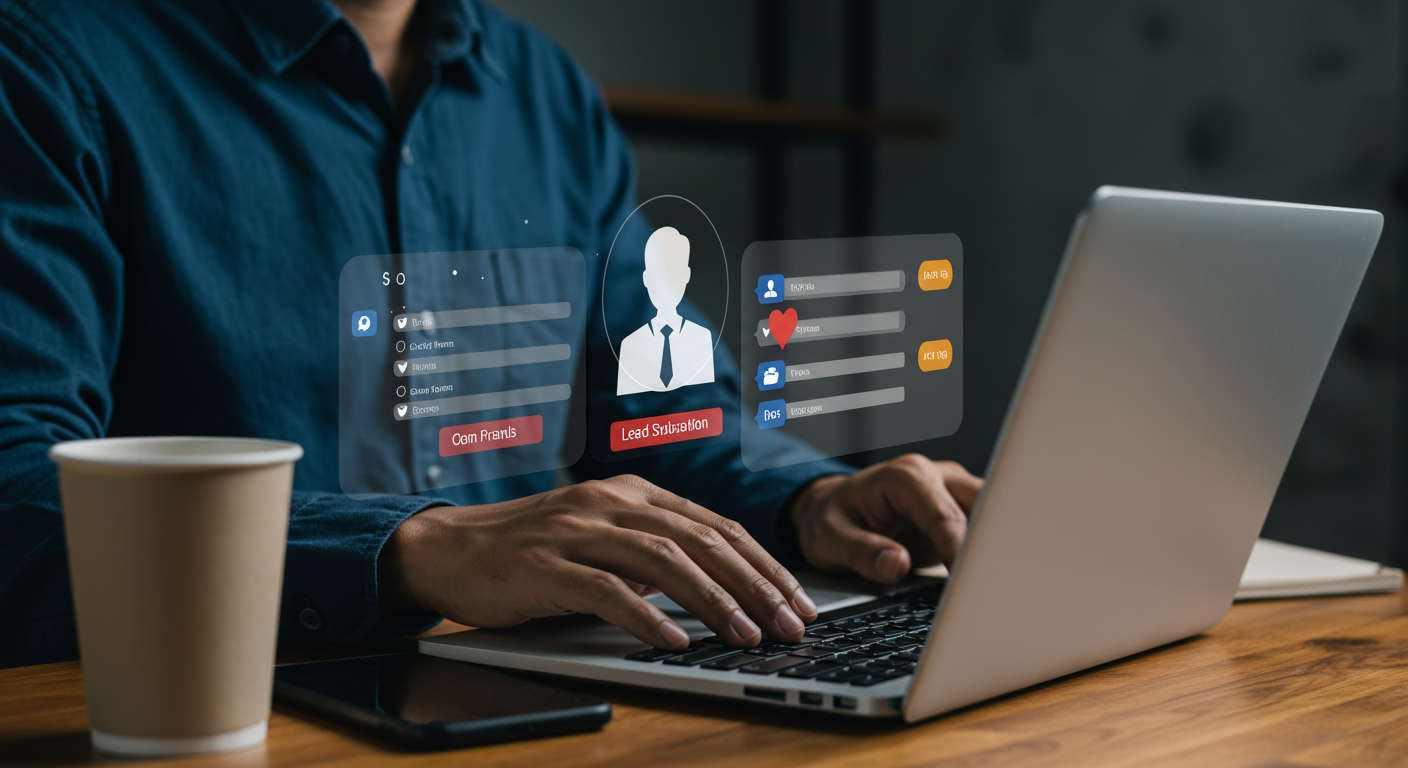 A small business owner using a laptop with AI virtual employee assisting in lead generation, showing form submissions and chat interactions on screen in a modern office setting