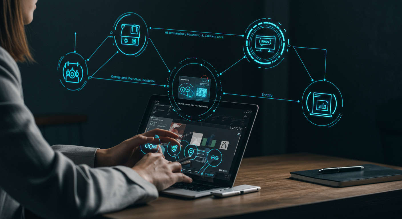 Automated workflow process for generating SEO-optimised product descriptions on Shopify, featuring AI technology, digital automation, and e-commerce product visuals, clean and futuristic design