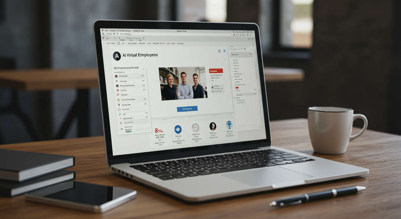 Seamless integration of AI virtual employees with WordPress and Shopify plugins, user-friendly interface on laptop screen, small business setting, technology and automation concept