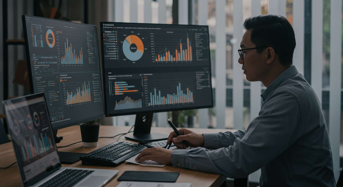 A small business owner analysing competitor data on multiple screens with charts and graphs, representing AI competitor research tools in action, modern office setting