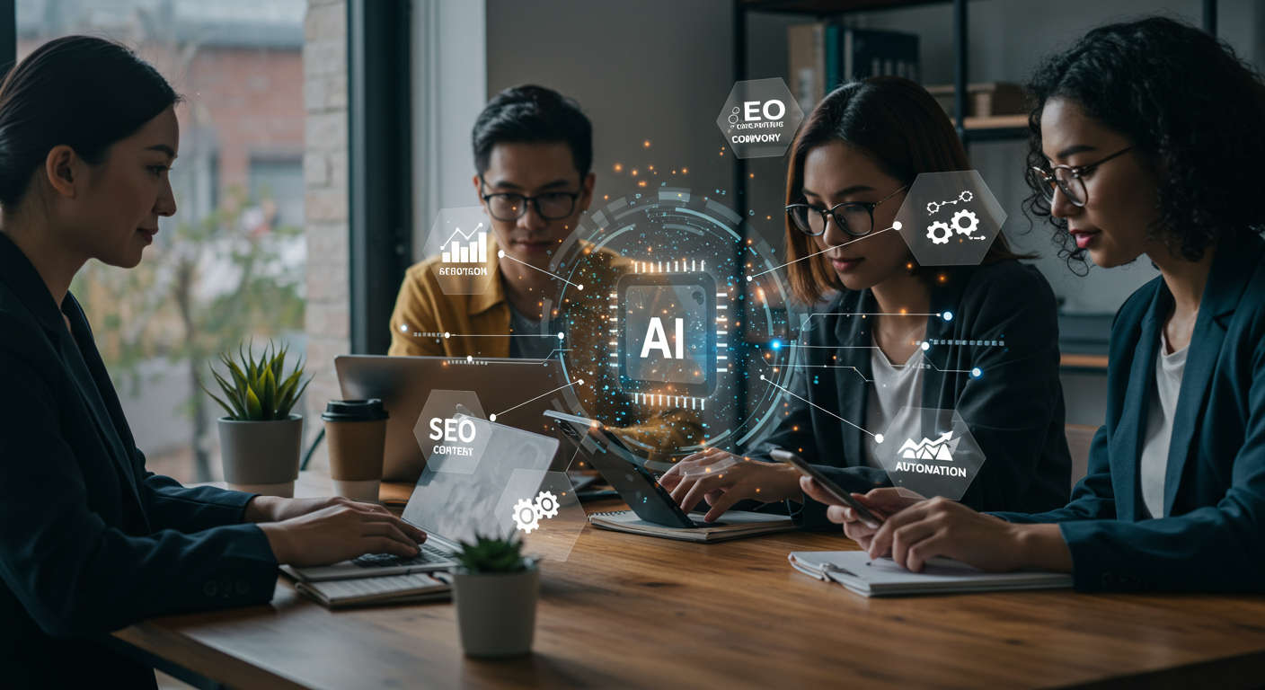 Diverse small business owners and startup entrepreneurs using AI technology for lead generation and SEO automation, symbolising growth and innovation
