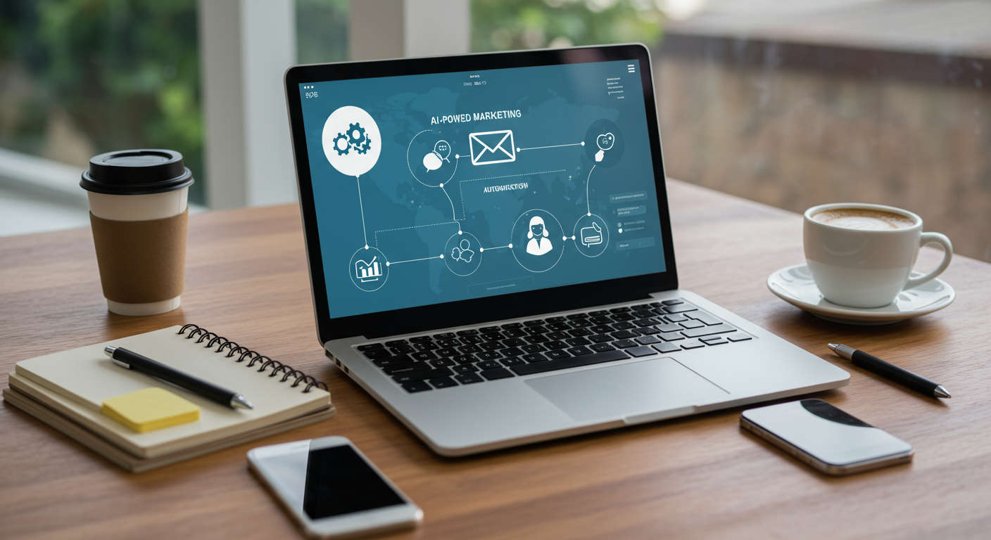 Modern workspace with laptop displaying AI email marketing dashboard and automation icons, symbolising AI email marketing automation for SMBs