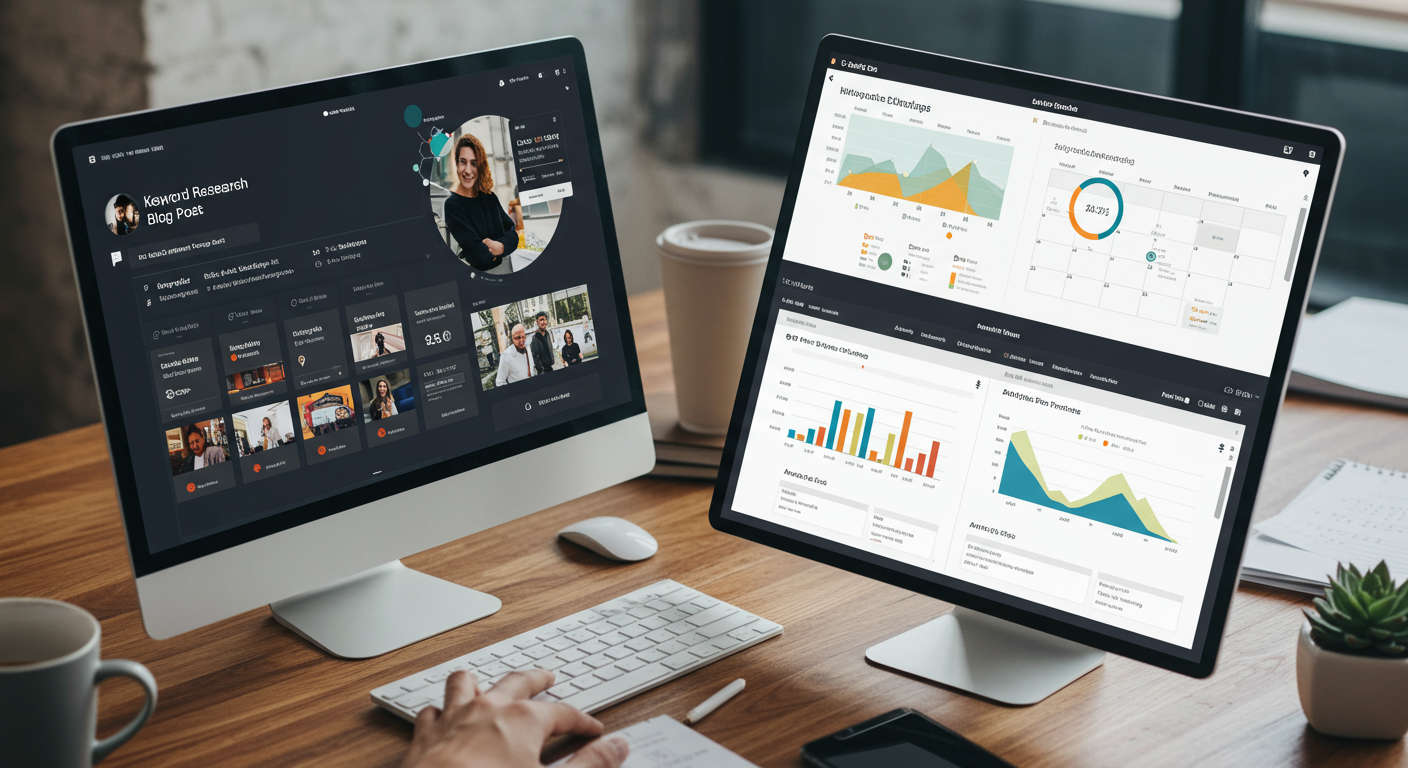 An AI-driven content calendar interface showing keyword research, scheduling and analytics for SEO blog posts, highlighting automation and daily content consistency