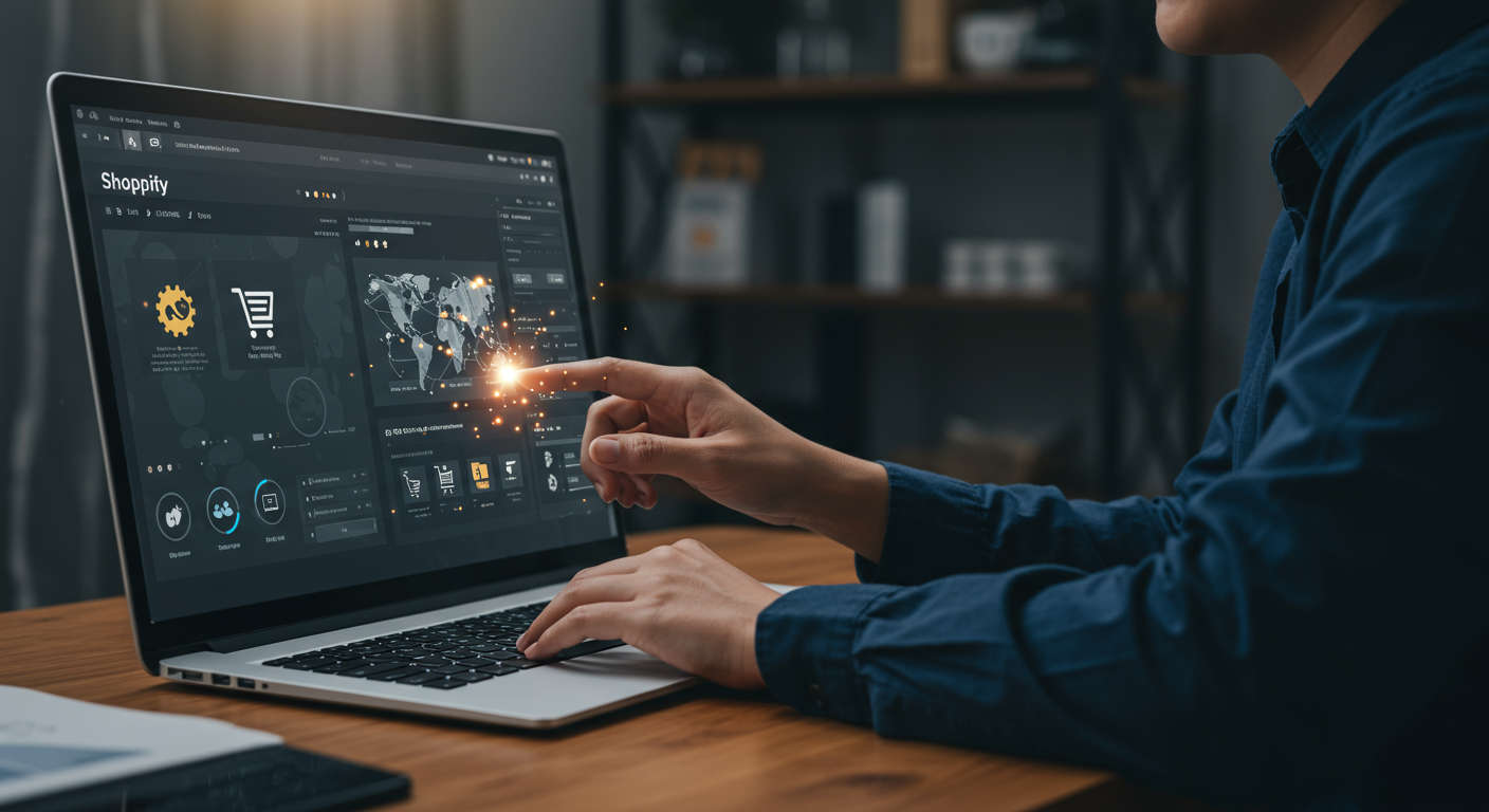 Ecommerce business owner managing Shopify store with AI automation tools for product listings, SEO content creation, and marketing workflow automation