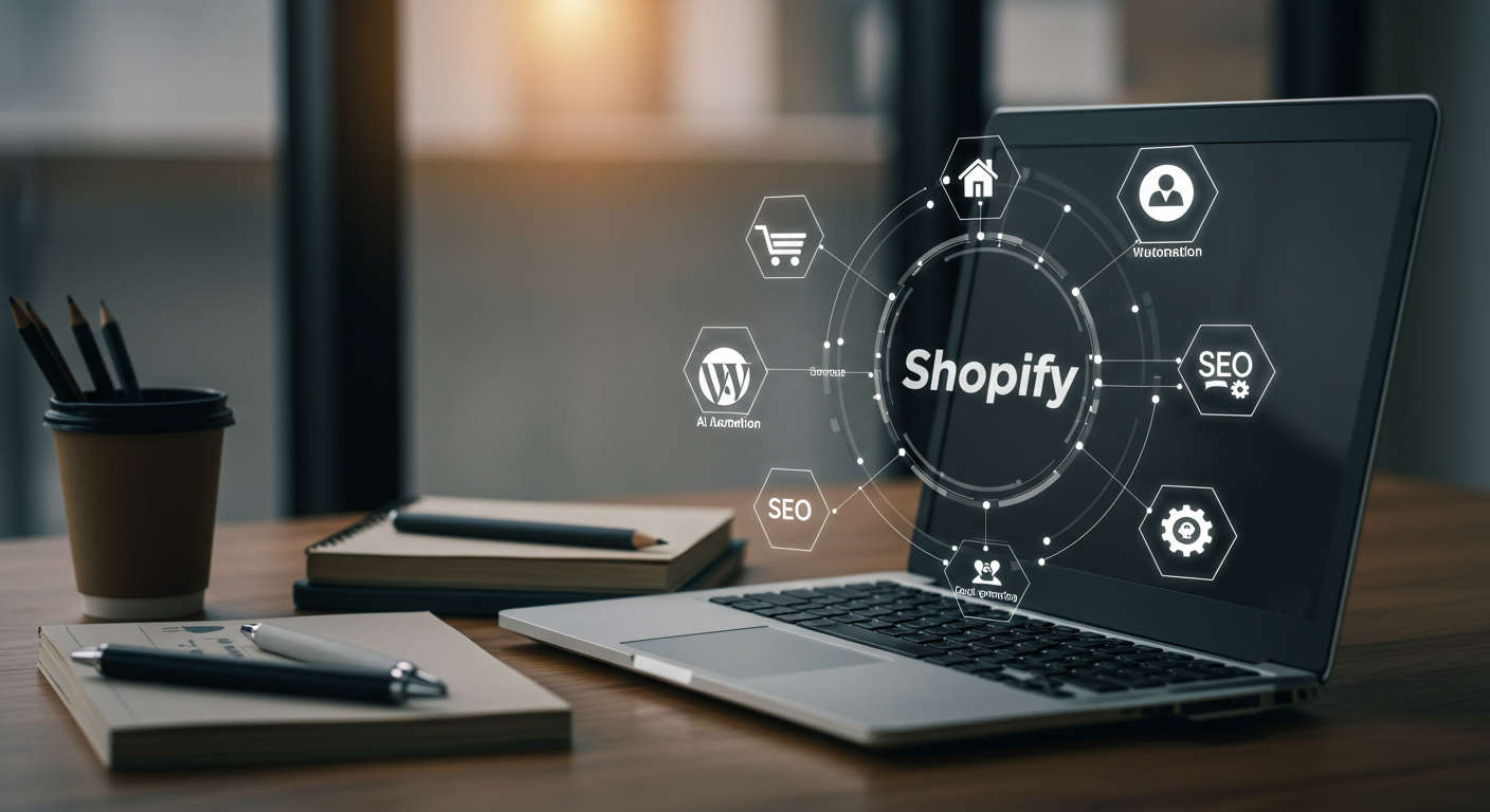 Modern workspace with laptop showing WordPress and Shopify logos, surrounded by AI automation, SEO, lead generation, and customer support icons representing seamless integration for SMBs and startups