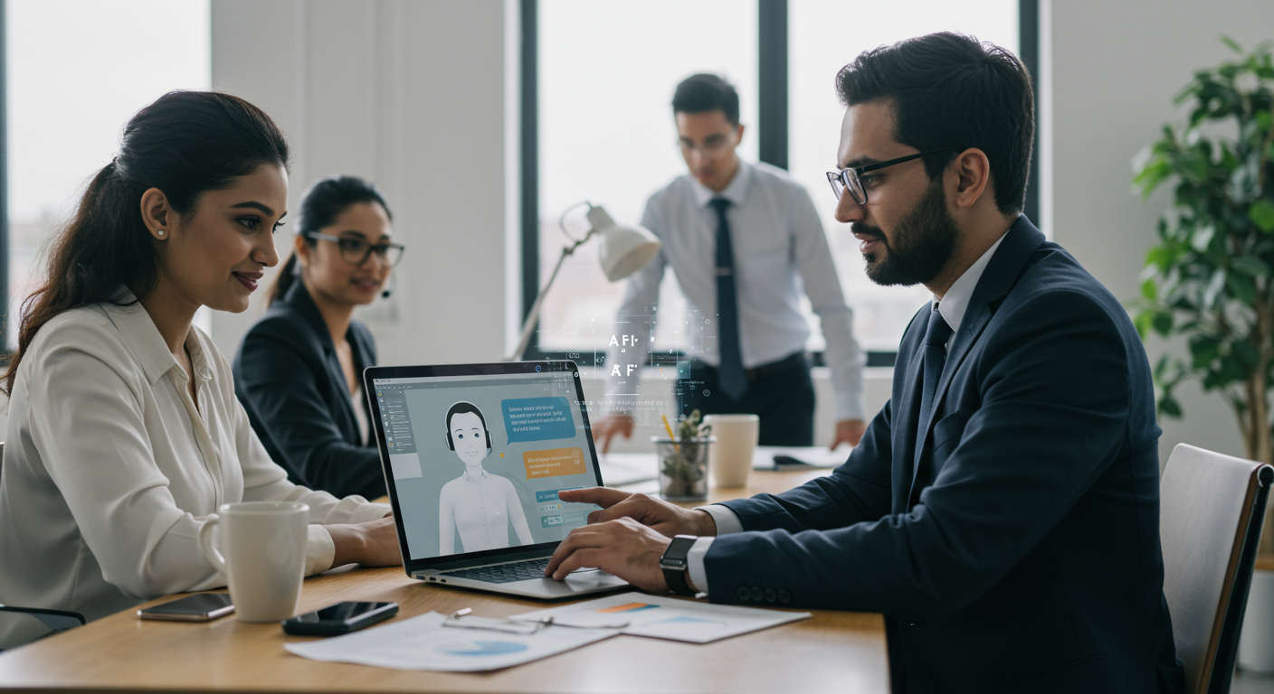 Small business owner using AI virtual employee on laptop, customer support automation concept, modern office environment, diverse team, digital technology